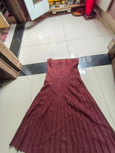 brown  Pleated Knit Maxi Skirt woollen
