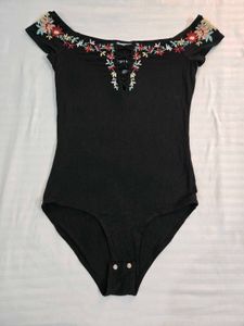 Black Embroidered Off-Shoulder Bodysuit size S