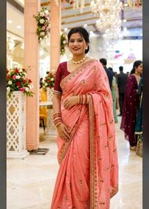 New Elegant Pink Embroidered Saree with blo