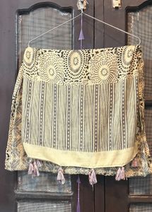 Beige & Black Printed Cotton Scarf with Tassels
