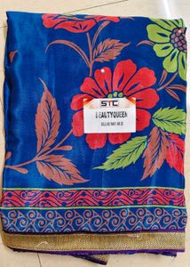 Royal Blue Floral Printed Polyester Silk Saree