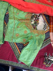 Stunning Green &amp; Red Embroidered Lehenga