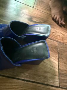 Blue Patent Block Heel Mules