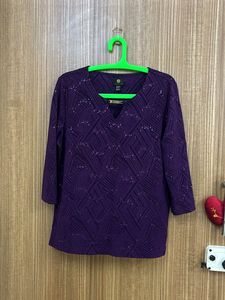 Elegant Purple V-Neck Embellished Top
