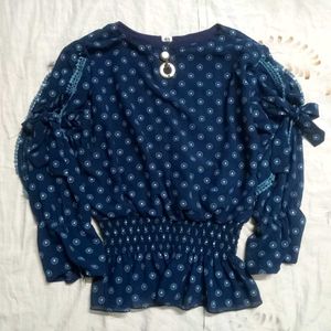 Stylish Blue Printed Smocked Blouse