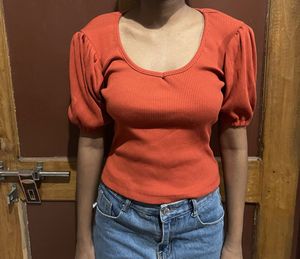 Orange Puff Sleeve Ribbed Top