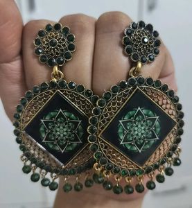 Green Stone & Mandala Earrings
