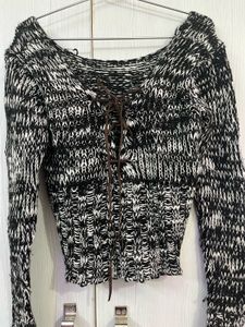 Cropped Knit Sweater with Lace-Up Detail