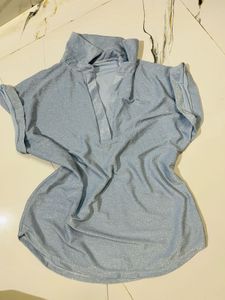 Sparkly Light Blue Collared Top