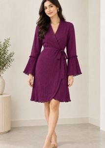Plisse Wrap Dress with Bell Sleeves