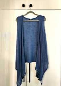 Blue Shrug Open front with Pom Poms