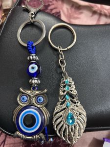 Evil Eye Owl & Peacock Feather Keychains