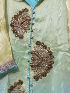 Zari work Elegant Teal &amp; Lime Kurta Set with banar