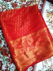 Vibrant Red Silk with Gold Border blouse piece