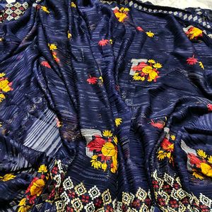 Elegant Navy Blue Floral Saree