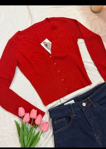 V-Neck Red Ribbed Cropped Cardigan