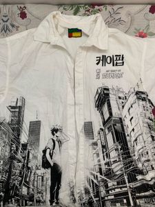 Anime Graphic Print Oversized Button-Up Shirt