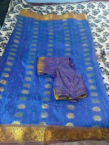 Vibrant Blue Saree with Gold Border