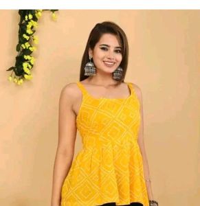 Stylish Yellow Bandhani Print Kurti Top