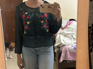 Embroidered Sheer Long Sleeve Top