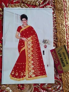 New Fancy Red Embroidered Saree with Gold Border