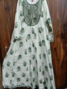 Elegant White &amp; Green Anarkali Suit with dupatta