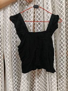 Yousta Black Smocked Square Neck Top