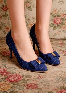 Chic Navy Striped Bow Heels