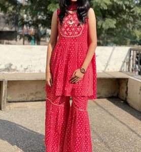 Vibrant Red Printed Kurta Set with Sharara Pants