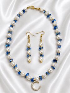 Pearl & Blue Stone Necklace & Earring Set