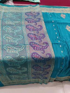 Teal Embroidered Silk Saree