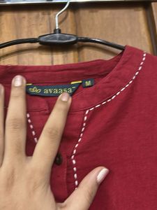 Red Kurti with Embellished Neckline