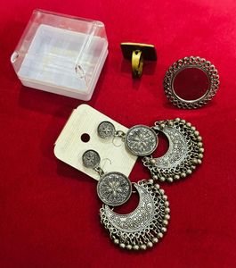Combo - Boho Silver Tone Earrings &amp; Ring Set
