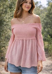 Off-the-Shoulder Smocked Pink Top