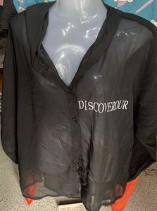 Sheer Black "Discoverour" Button-Up Top