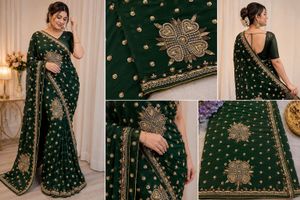 Dark Green Georgette Saree with Embroidery