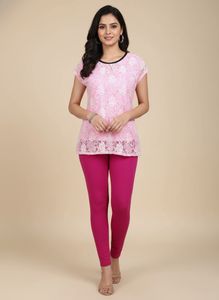 Pink Lace Topwith Magenta bottom wear.