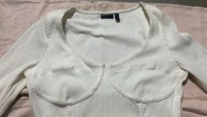 Cream Ribbed Long Sleeve Corset Top