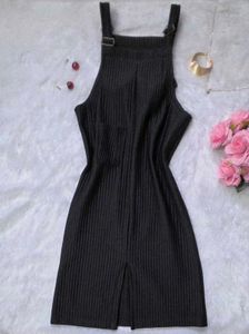 Black Ribbed Dungaree Dress | Pinafore Style Aesth