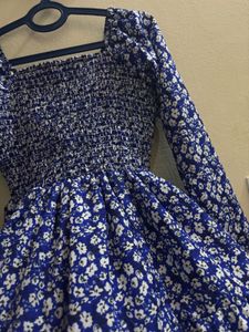 Blue Floral Smocked Midi Dress