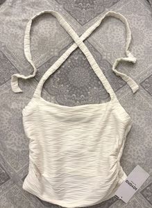 White Textured Halter Neck Crop Top
