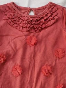 Cute Coral Ruffle &amp; Flower Detail Top