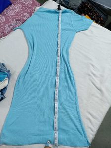 Sky Blue V-Neck Ribbed Midi Dress