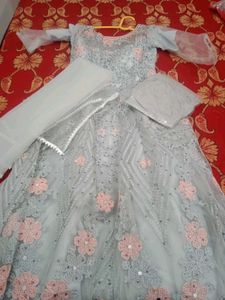 Stunning Grey Lehenga Choli with Pink Flowers