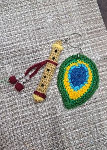 Handmade Flute & Peacock Feather Keychain