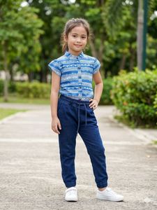 Blue Printed Shirt & Denim Joggers Set