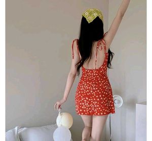 Red Floral Mini Dress with Slit