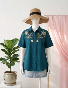 Embroidered Teal Button-Down Shirt