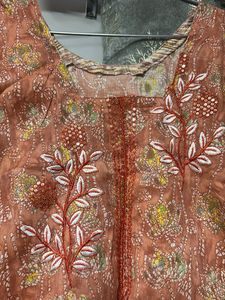 Orange Printed Kurta with Embroidery