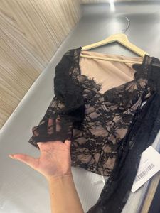 Black Lace Sweetheart Neck Crop Top